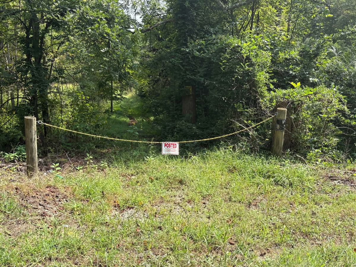 A yellow chain strung between two posts with a Posted sign, closing a grassy opening into woods.