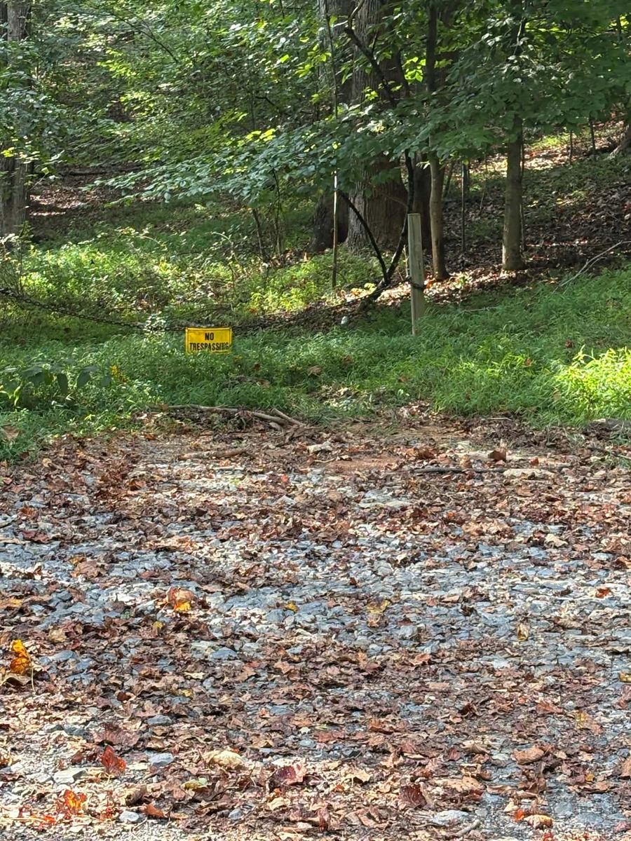 Crushed stone covered in fallen leaves ends at a yellow No Trespassing sign at the edge of woods.